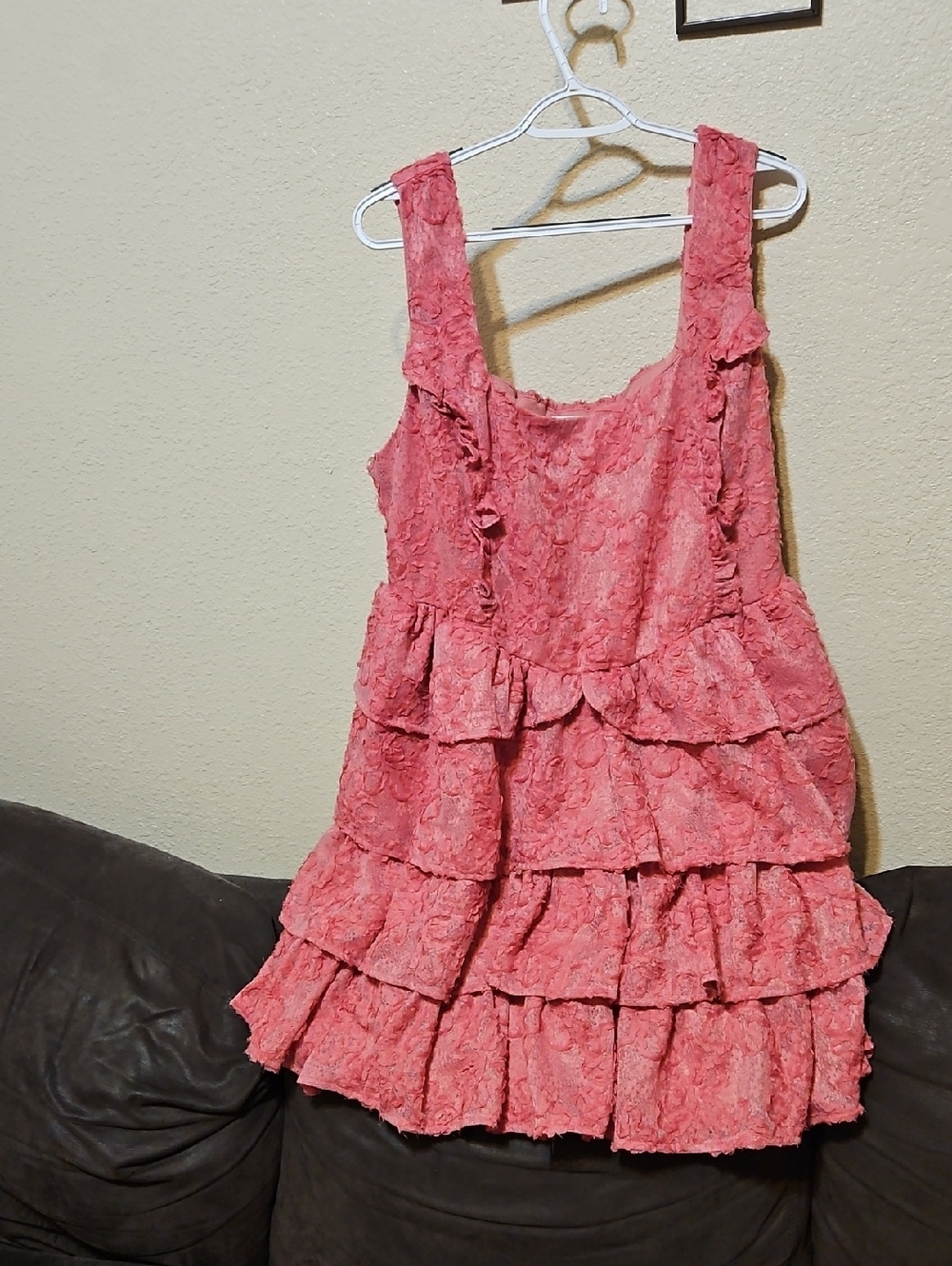 ARULA Coral Pink Ruffled Lace Tiered Mini Dress